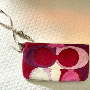 White, red and pink suede Coach wristlet
